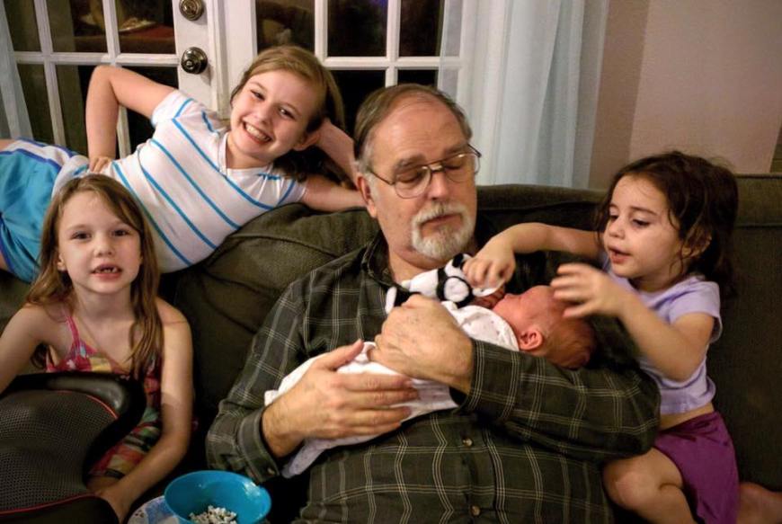 PapaGarywithfourgranddaughterswithbabyRose